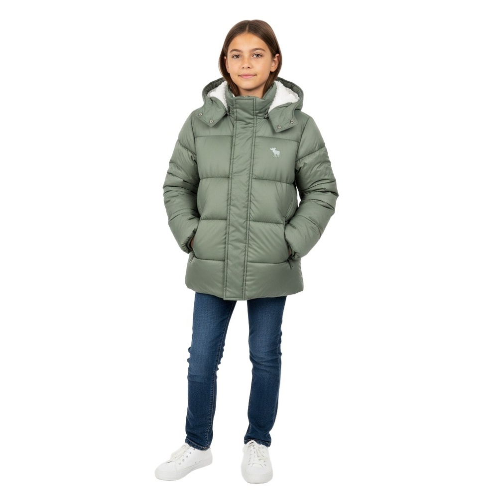 Abercrombie Kids Boys Puffer Jacket 15/16 Sage Green Hooded Sherpa Warm (NWOT)
